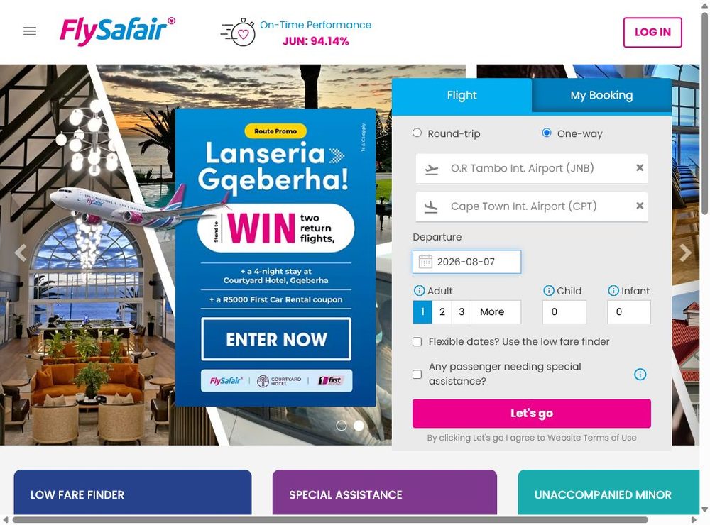 Форма поиска flysafair.co.za: One-way Йоханнесбург (JNB) → Кейптаун (CPT), 7 августа 2026, 1 взрослый, валюта ранд